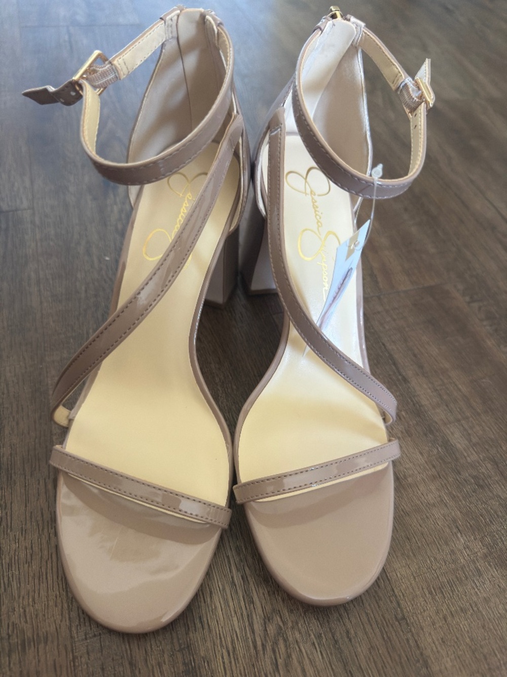 Jessica Simpson Nude Patent Crisscross Ankle Strap Block Heels